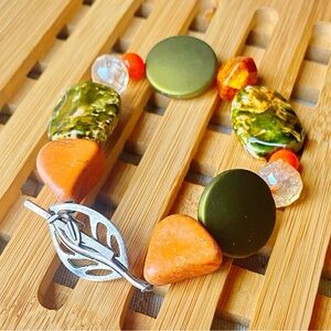 Boho Tropical Green Orange Beaded Bracelet Silver Leaf Toggle Handmade 8-8.5”